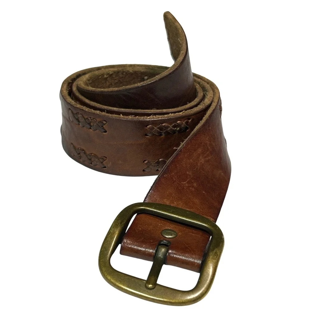 Cognac Brown Italian Leather Whipstitch Belt with Antiqued Brass Buckle Size M